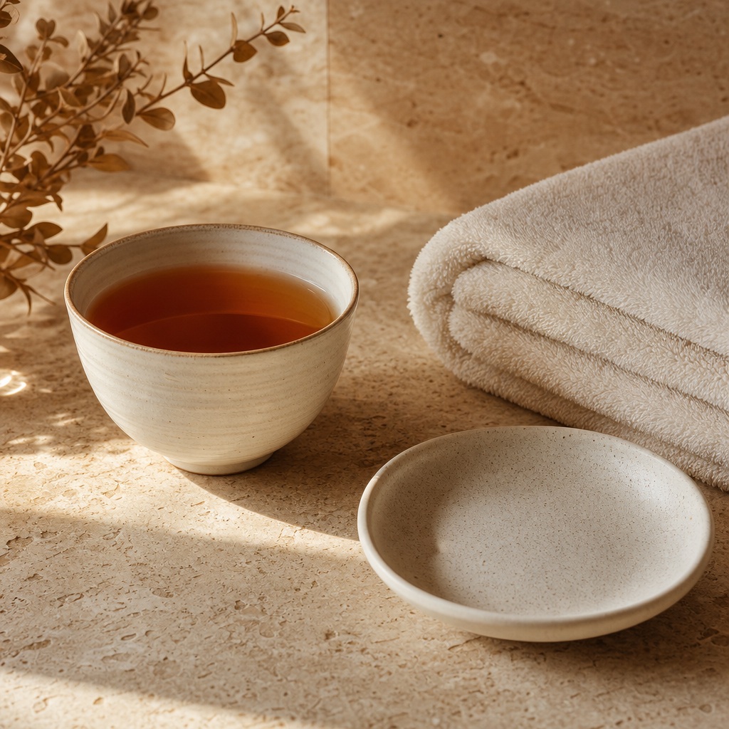 Tea cup, folded towel, and small dish on a warm stone surface in soft light.