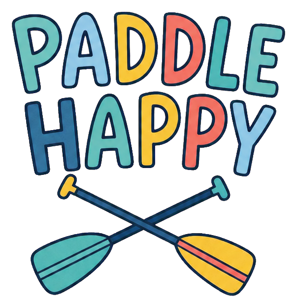 Hand lettered Paddle Happy text above crossed colorful paddles sticker