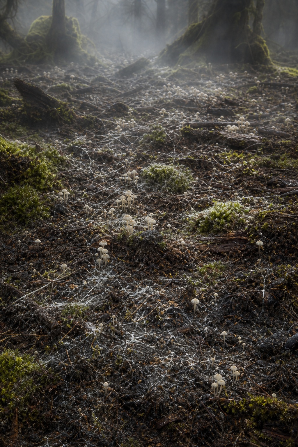 Misty forest floor covered with mycelium, moss, and scattered mushrooms among tree roots.