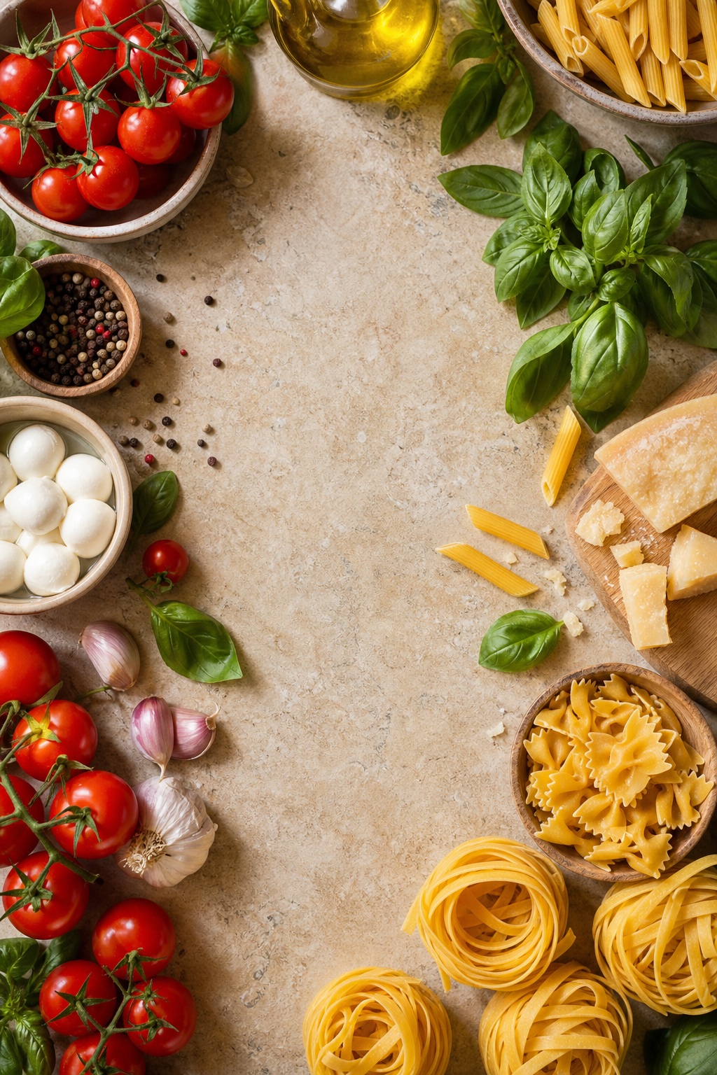 Vertical tabletop flat lay with pasta, tomatoes, basil, garlic, eggs, and cooking ingredients.