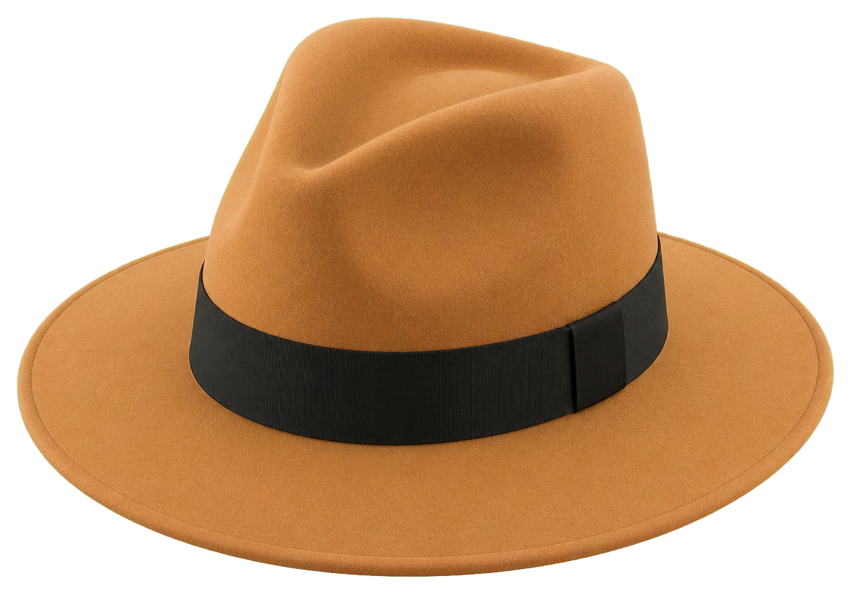 Tan fashion hat with a dark band shown as a sticker graphic