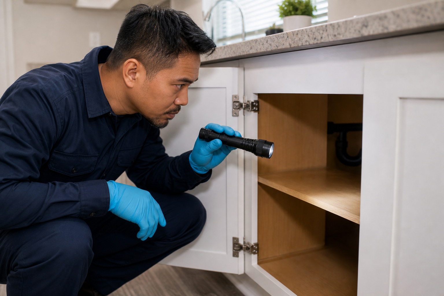 Repair technician crouching beside a cabinet while using a flashlight to inspect the interior