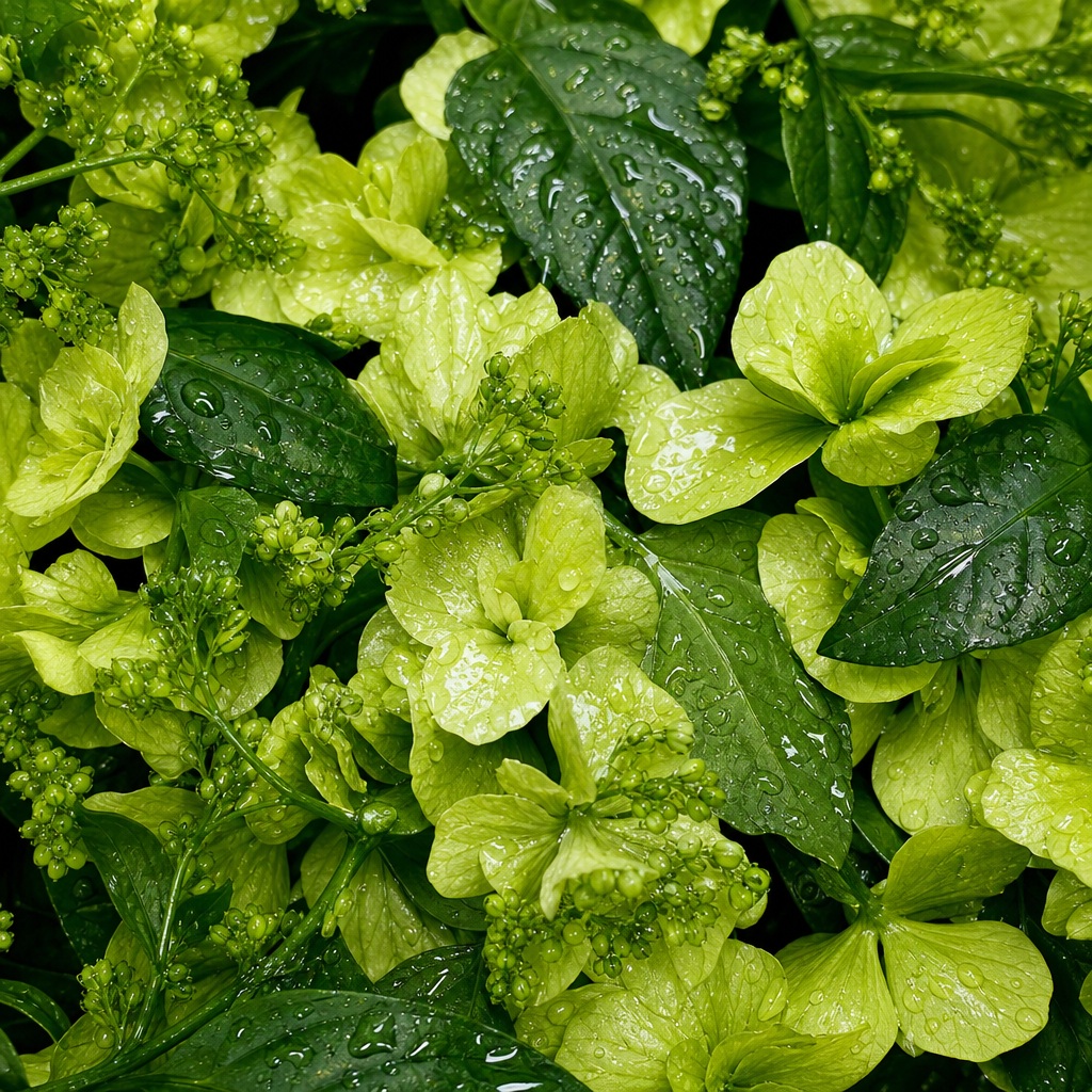 Close-up of wet green leaves covered in rain droplets