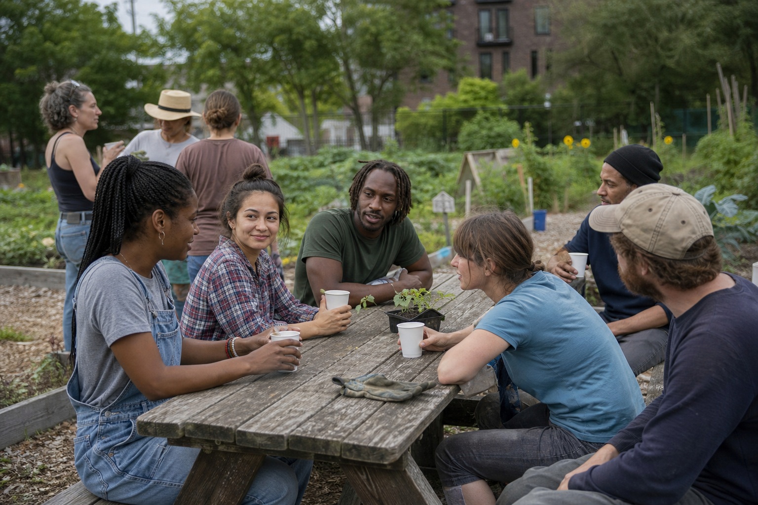 Volunteers sitting around a picnic table in a community garden outdoors