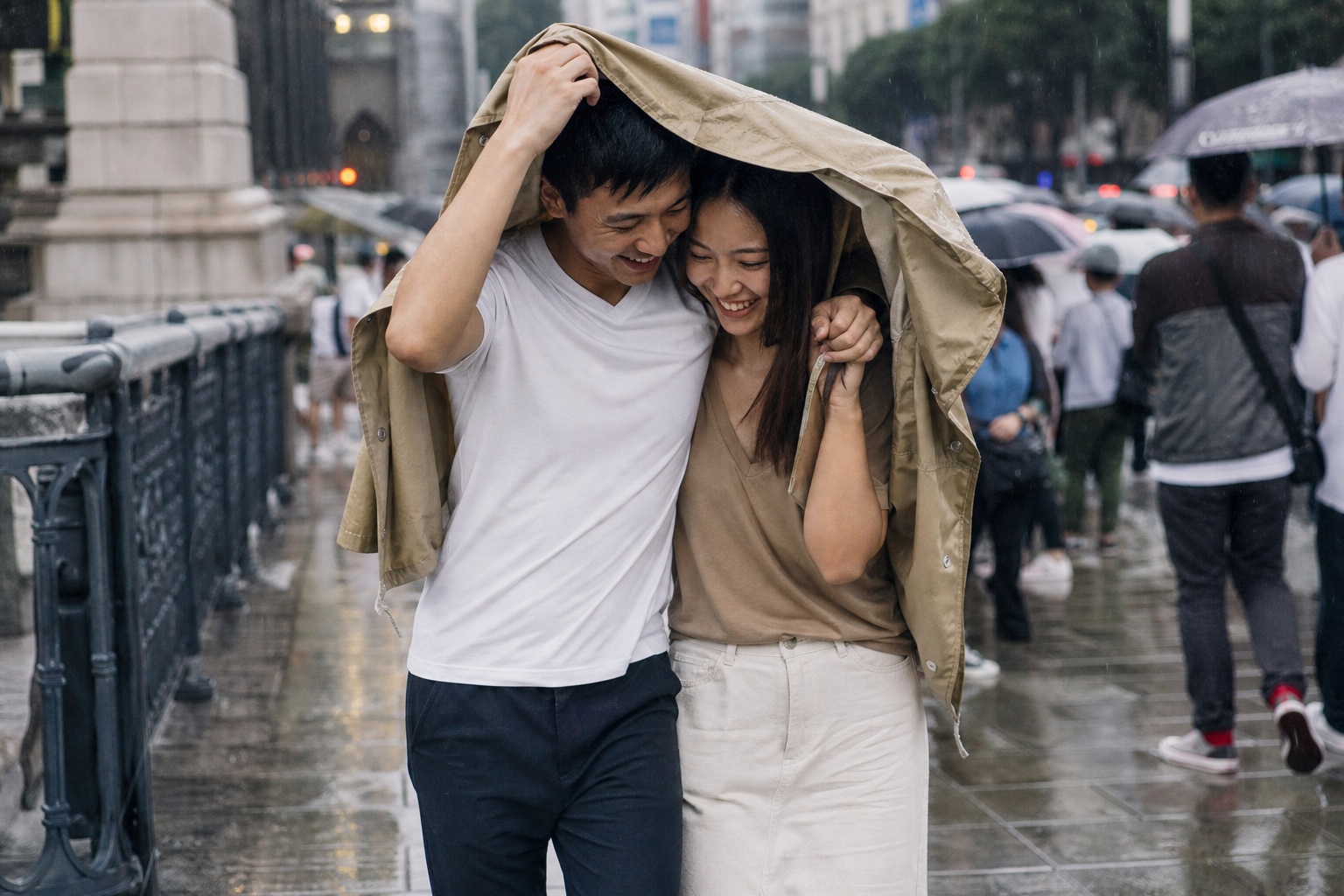 Couple sharing a raincoat while walking on a rainy city street