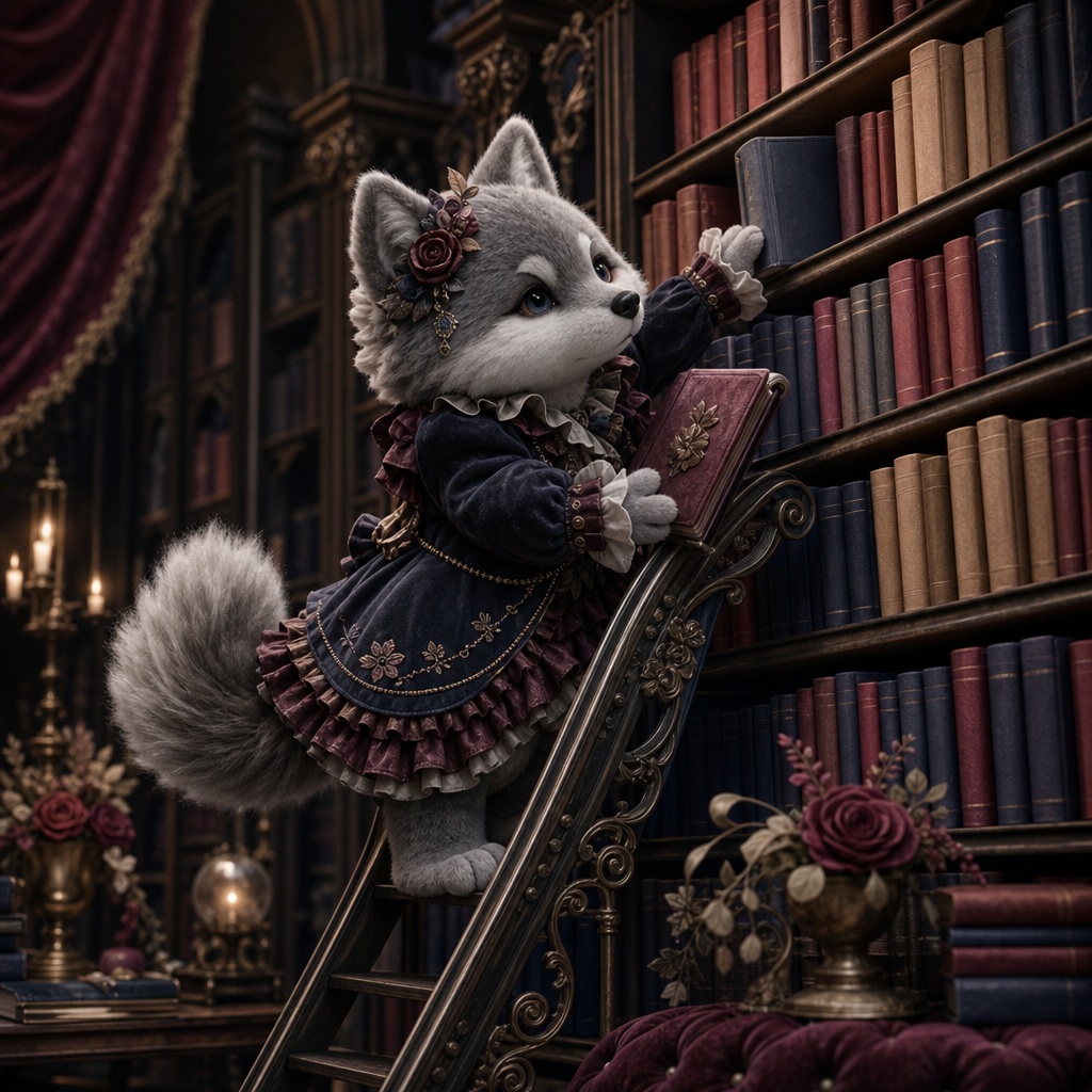Plush wolf librarian climbing a ladder in a candlelit gothic library