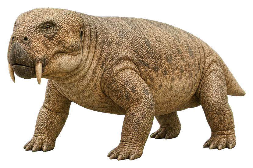 Realistic beaked Lystrosaurus tusker shown in side view on a transparent background.