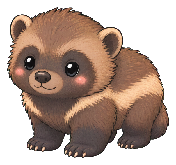 Cute pastel wolverine standing and facing forward with round eyes and rosy cheeks.