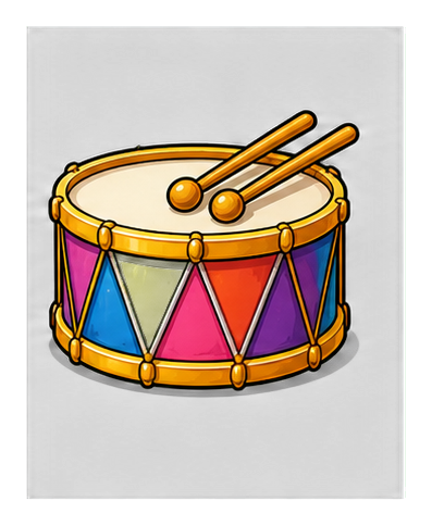 Colorful party drum with drumsticks and triangular multicolor side panels