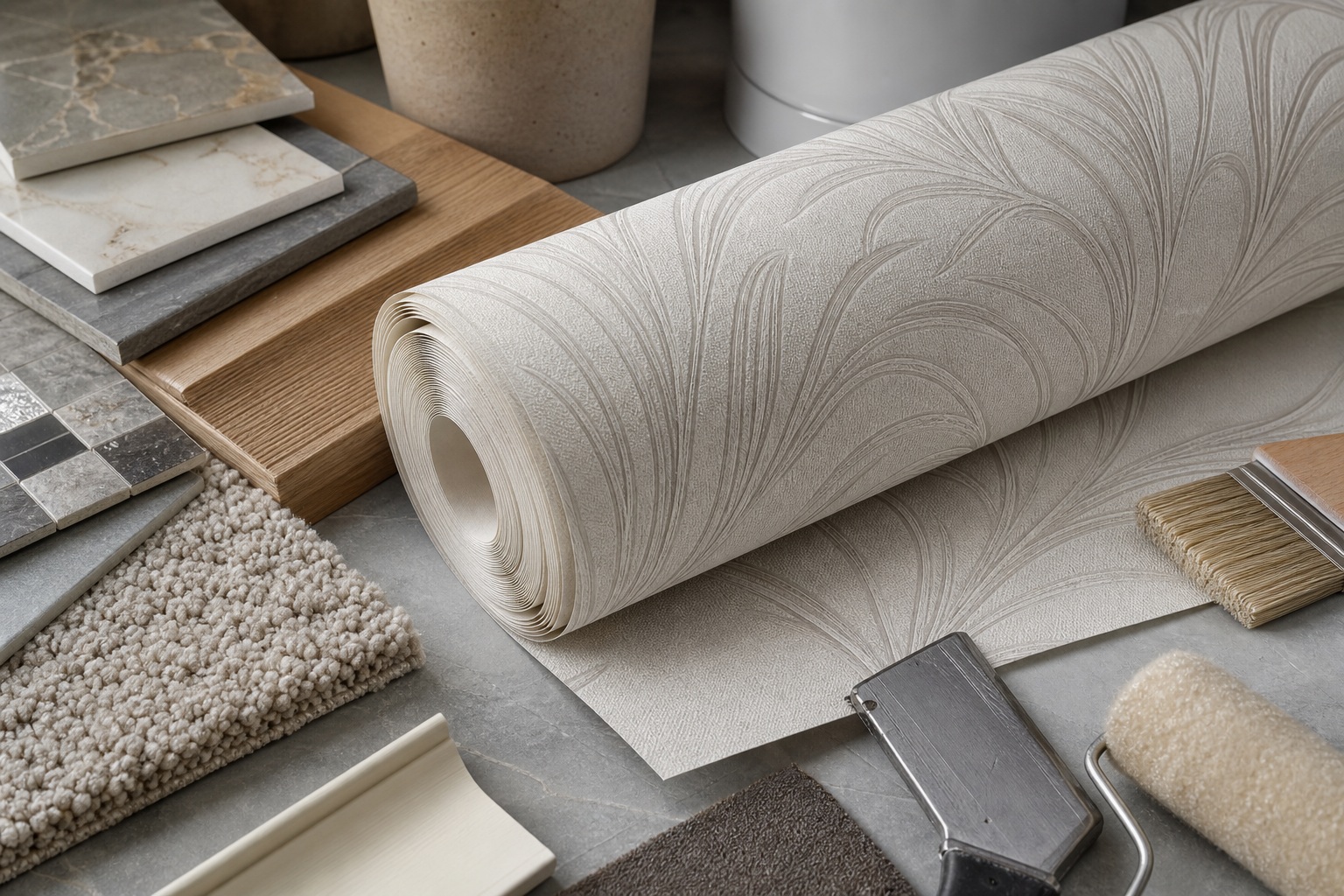 Wallpaper roll with tile samples, wood swatches, and renovation material textures on a tabletop