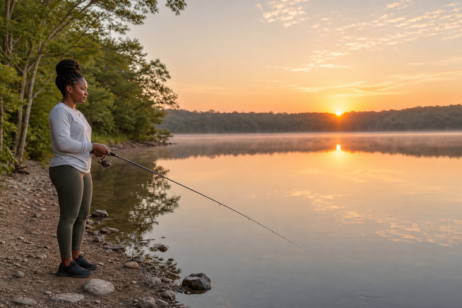 Person fishing beside a calm lake at sunrise with warm light on the water.