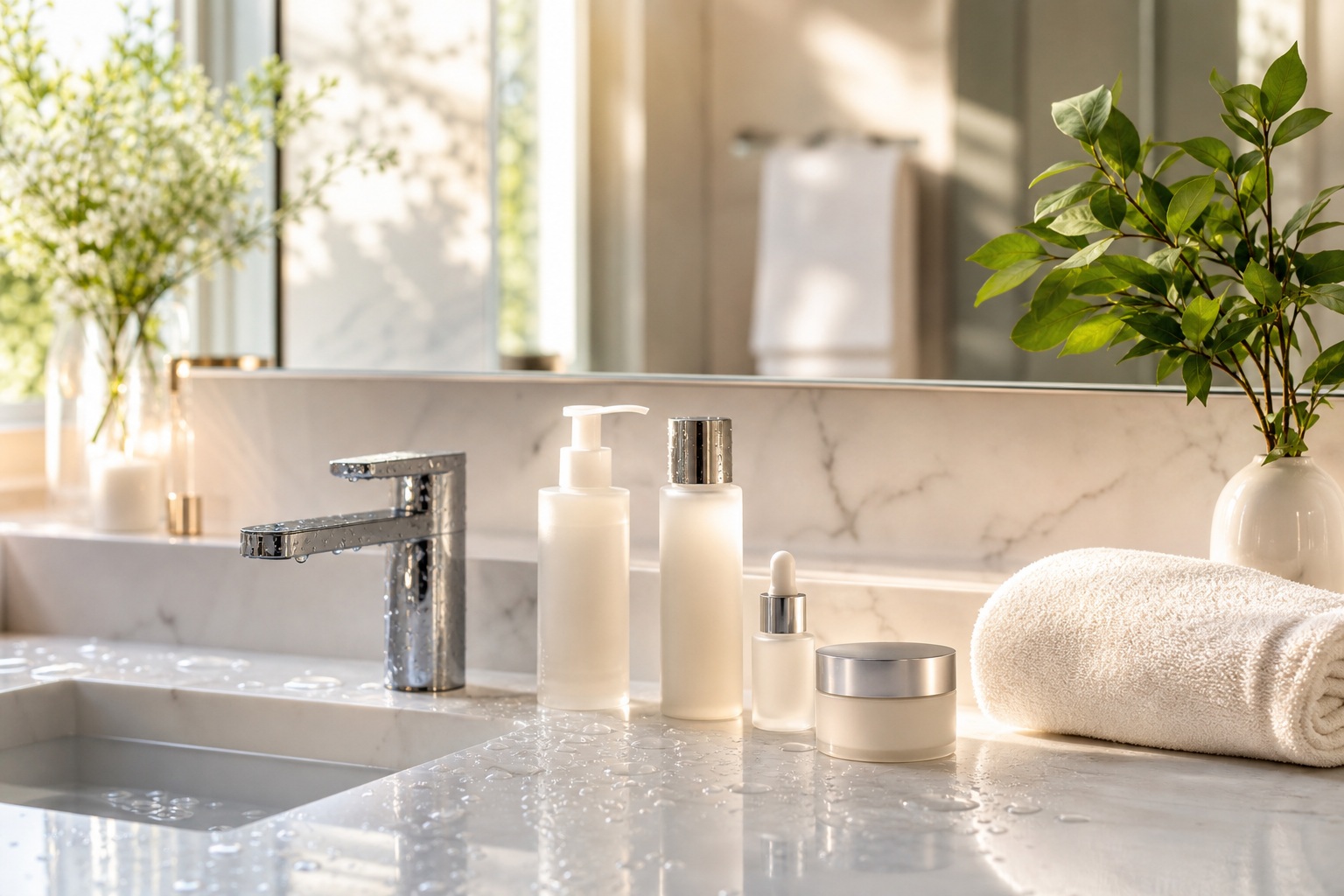 Skincare bottles on a bright bathroom vanity beside a rolled towel and plant