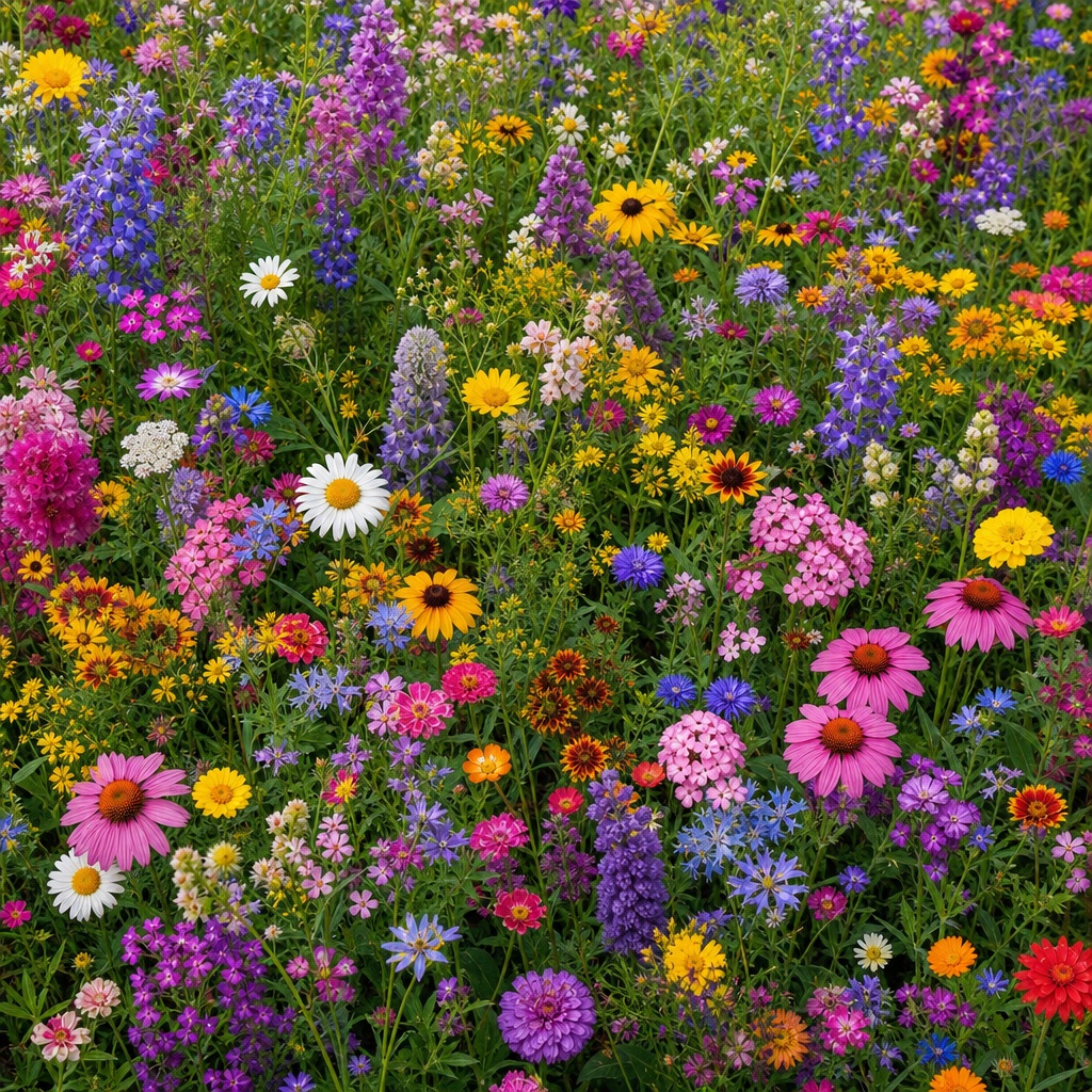 Colorful spring wildflowers and garden blooms filling the frame