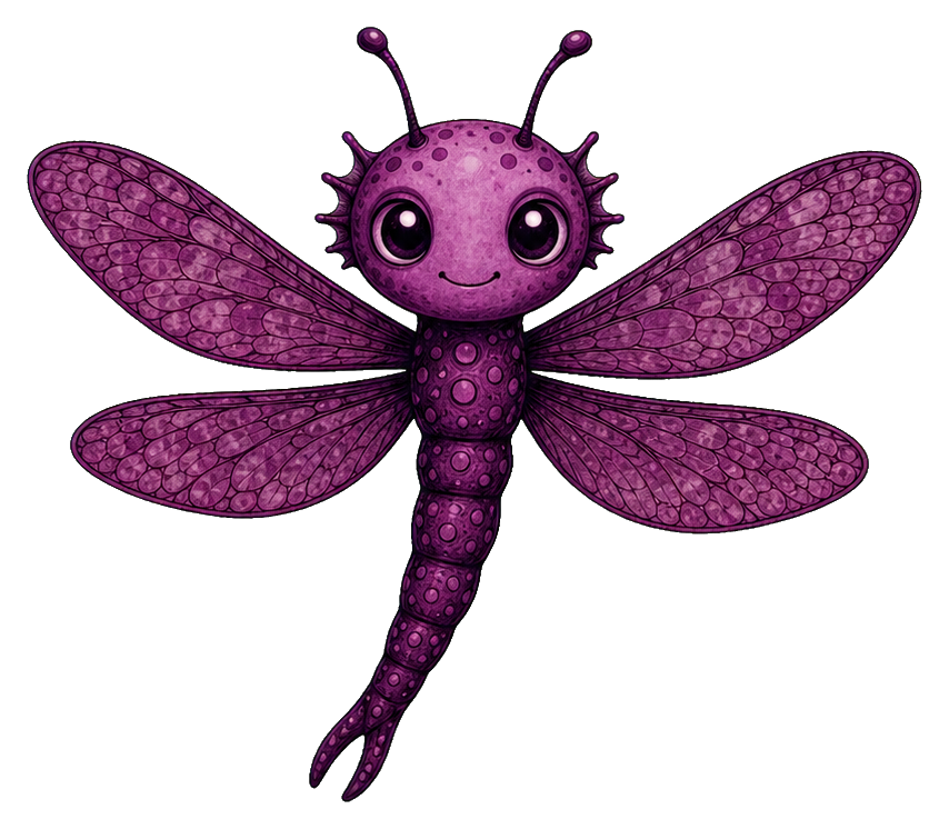Purple gothic alien with large dragonfly wings and a long tail