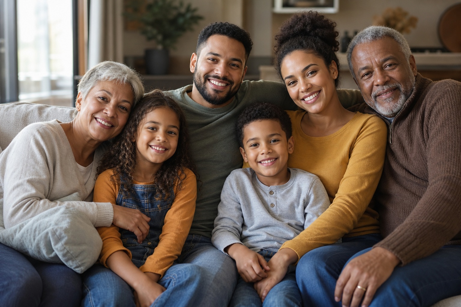 Smiling multigenerational family sitting together on a couch in a cozy living room.