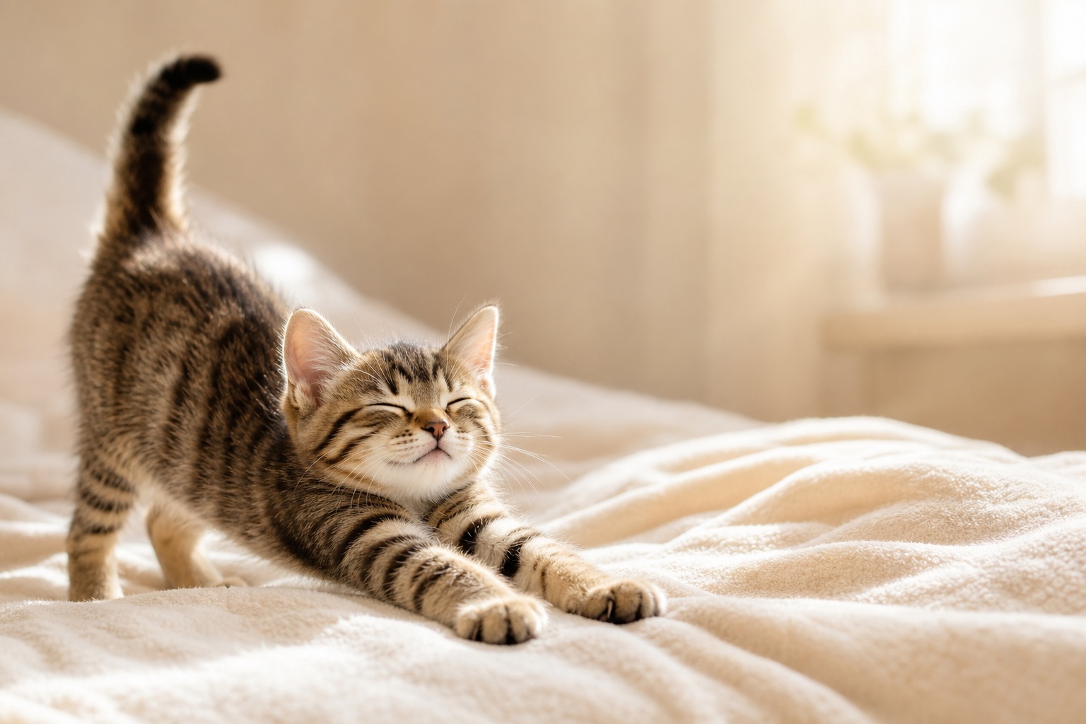 A tabby cat stretching on a soft blanket in a sunny bedroom.