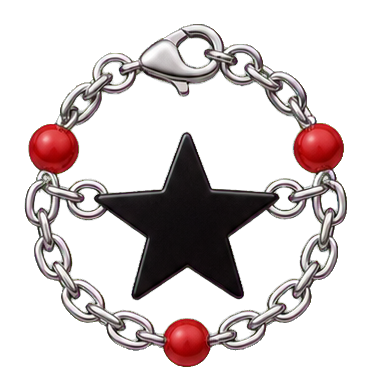 Black star charm linked by silver chain with red beads around the edge
