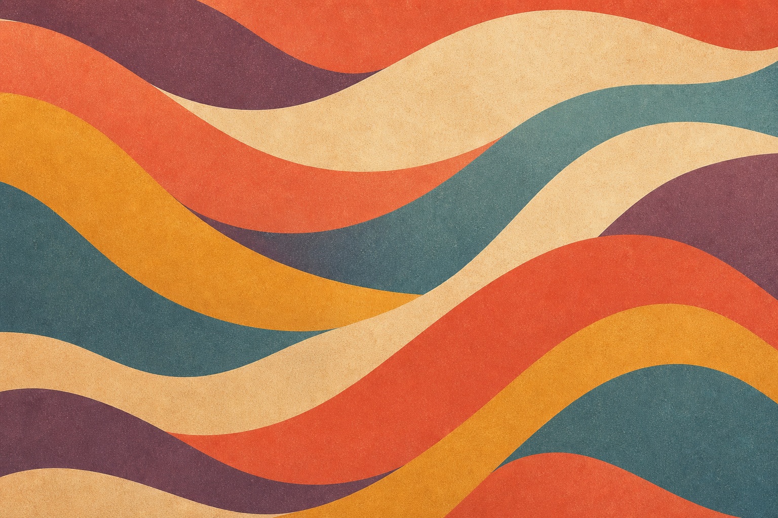Retro abstract background with layered wavy bands in warm orange, teal, yellow, and burgundy tones.