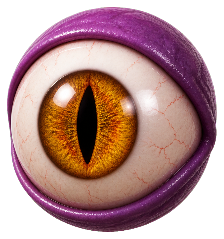 Purple monster eye with orange iris and vertical black pupil