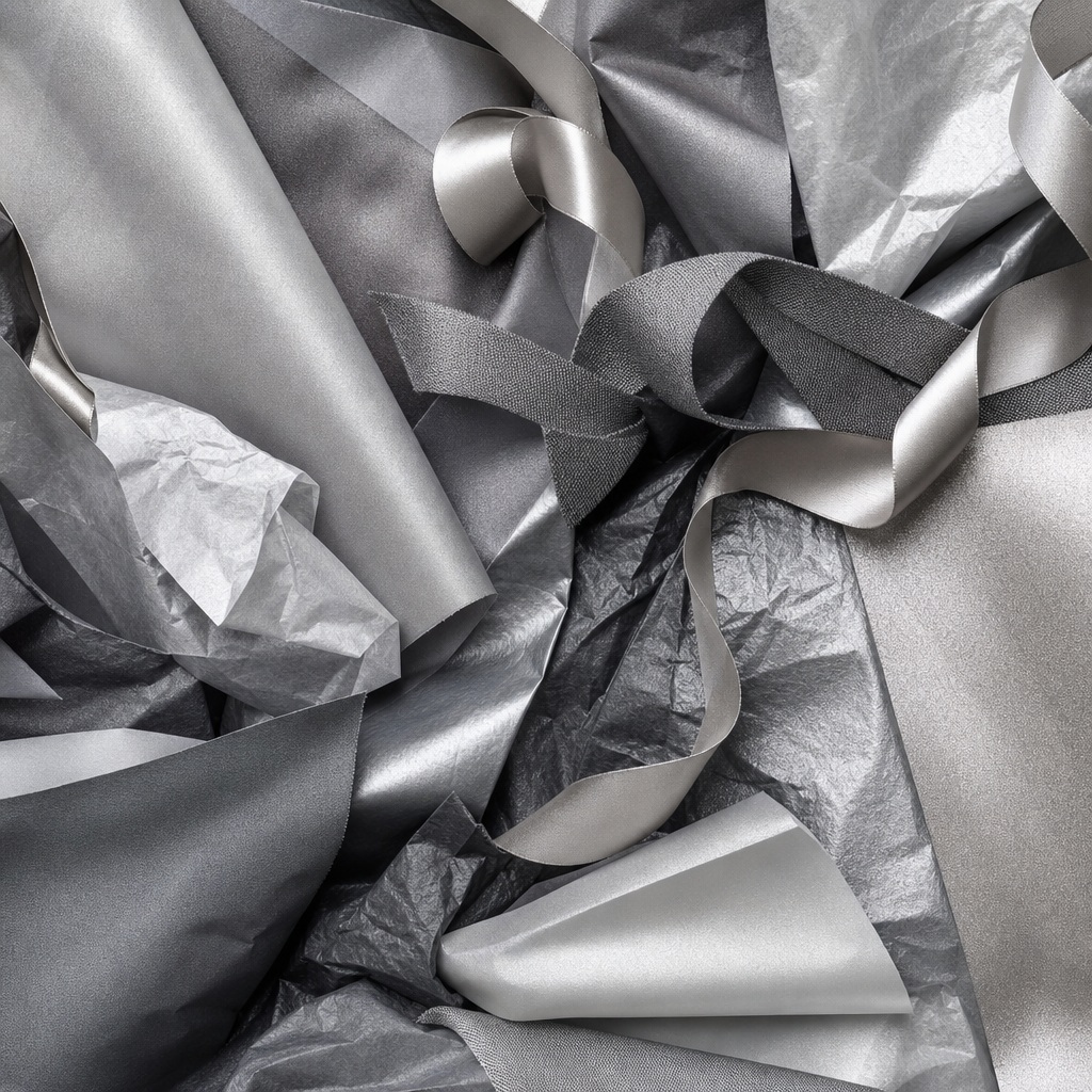 Monochrome silver paper folds with layered crumpled wrapping texture