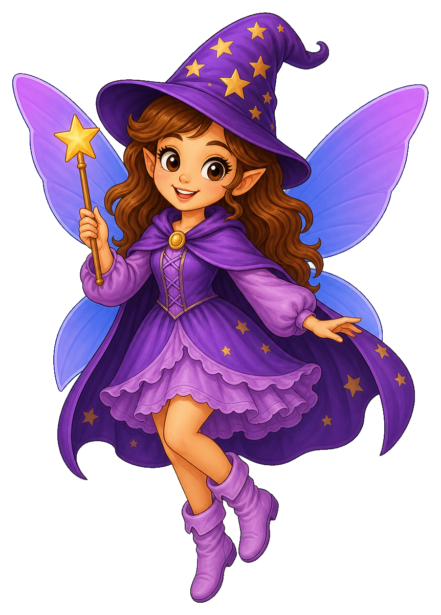 Cute wizard fairy in a purple hat and dress holding a wand with butterfly wings.