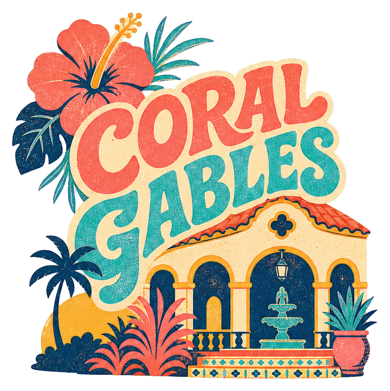 Retro Coral Gables arch illustration with coral text, palm trees, and a stylized fountain