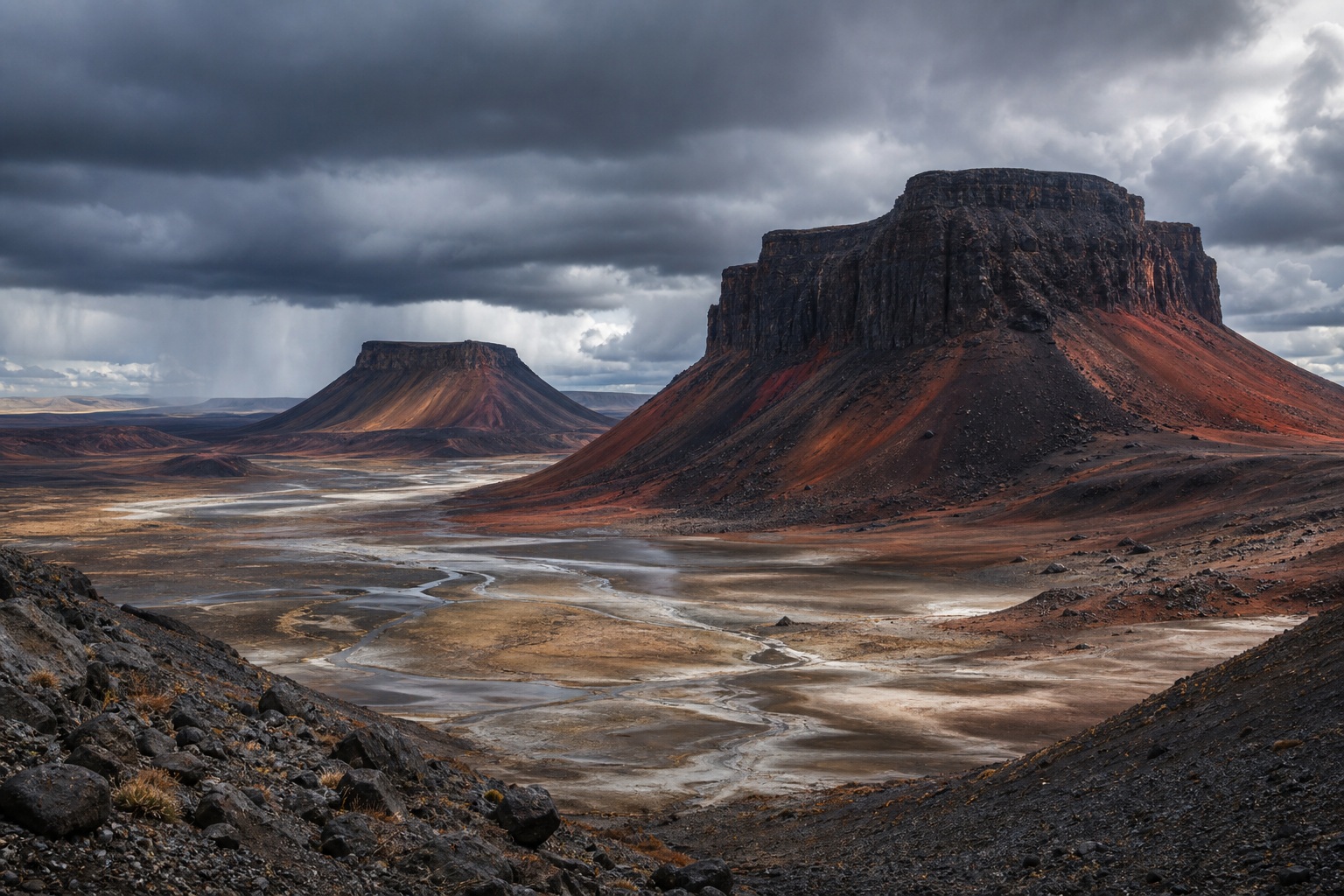 Dramatic desert basin with dark basalt mesas, sandstone formations, and cloudy dawn light