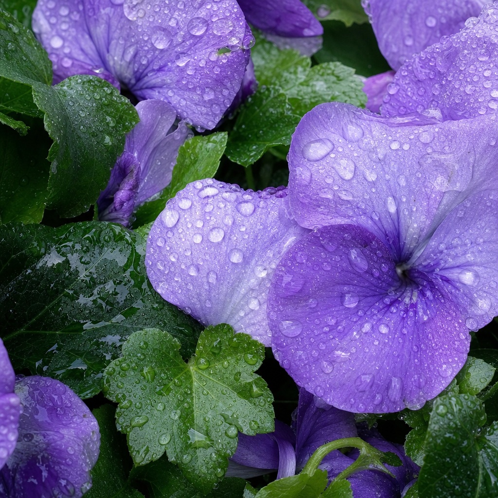 Purple flowers and wet green leaves covered in rain droplets