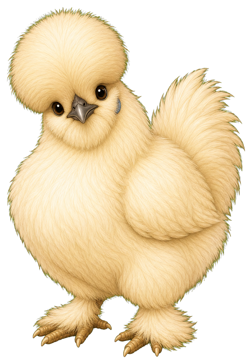 Fluffy pale yellow chicken standing with a rounded body and tail feathers.