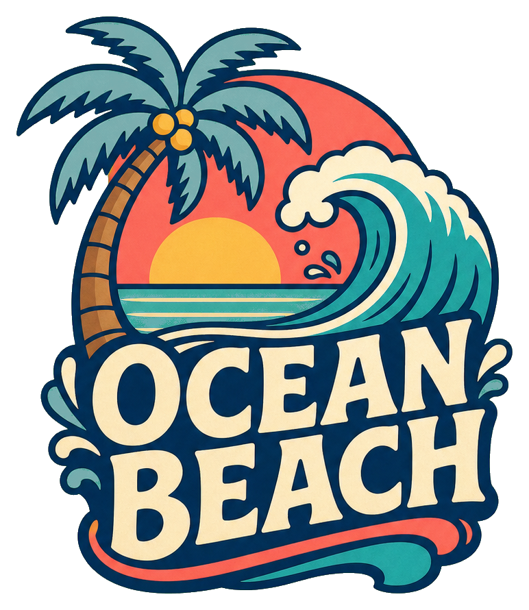 Retro Ocean Beach sticker with sunset, wave, palm tree, and bold lettering.