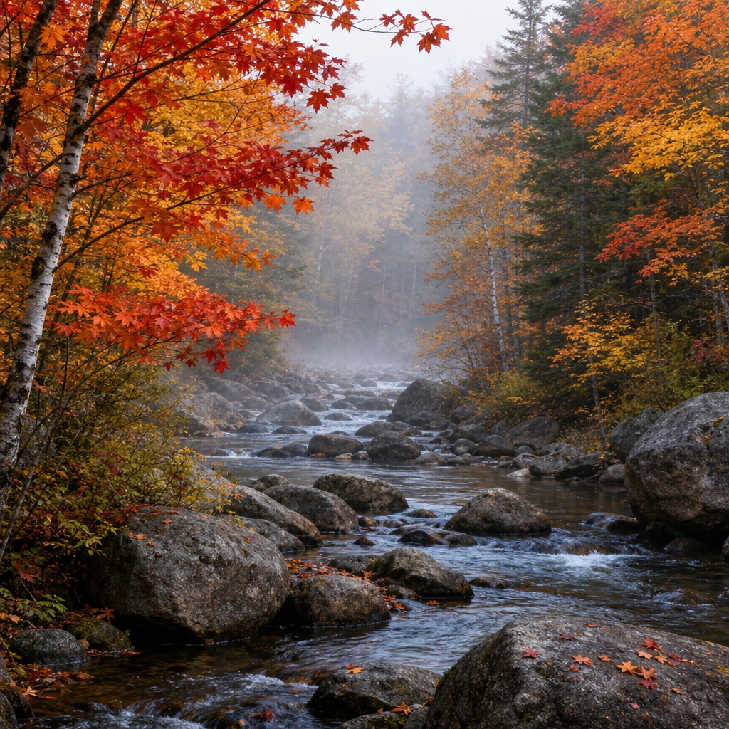 Misty rocky stream surrounded by colorful autumn trees and morning fog