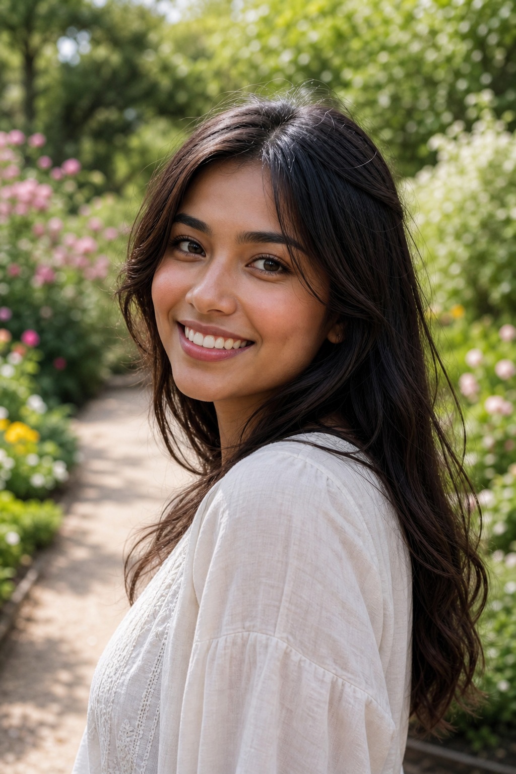 Smiling woman with long dark hair standing on a garden path in natural light
