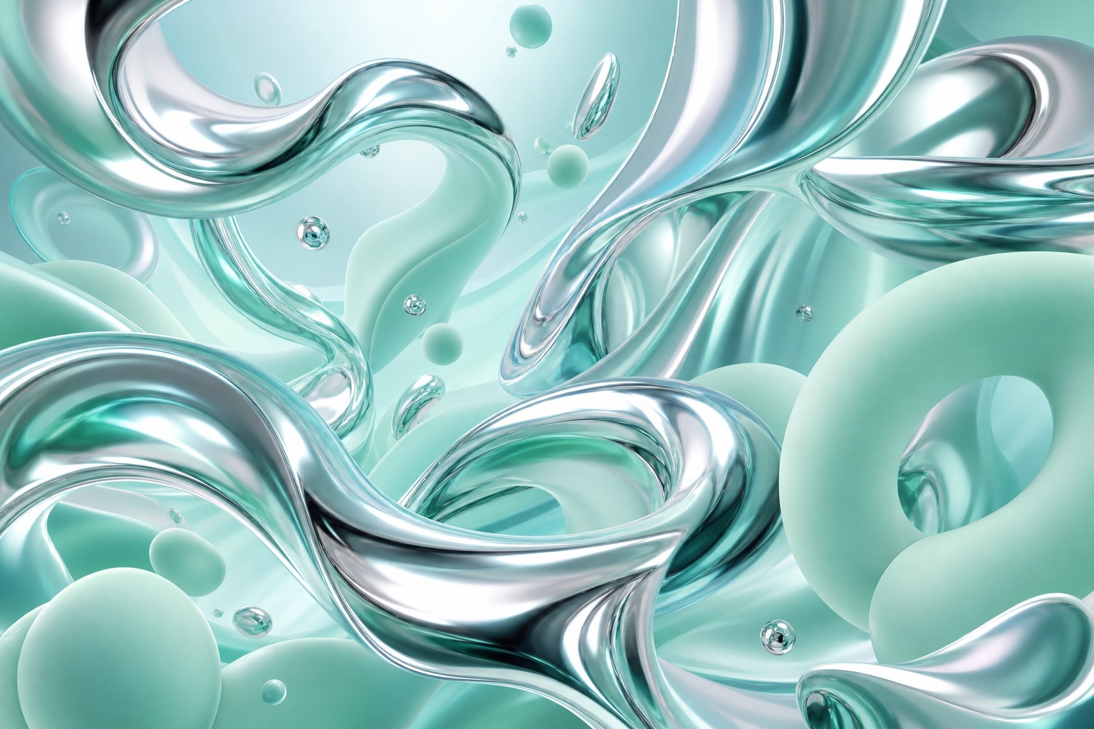 Mint and chrome abstract 3D shapes with reflective curves and soft geometry