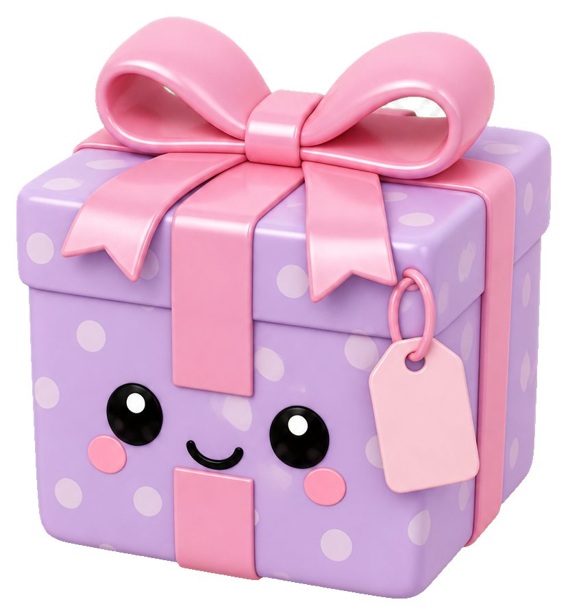 Cute lavender gift box sticker with a pink bow, smiling face, and tag