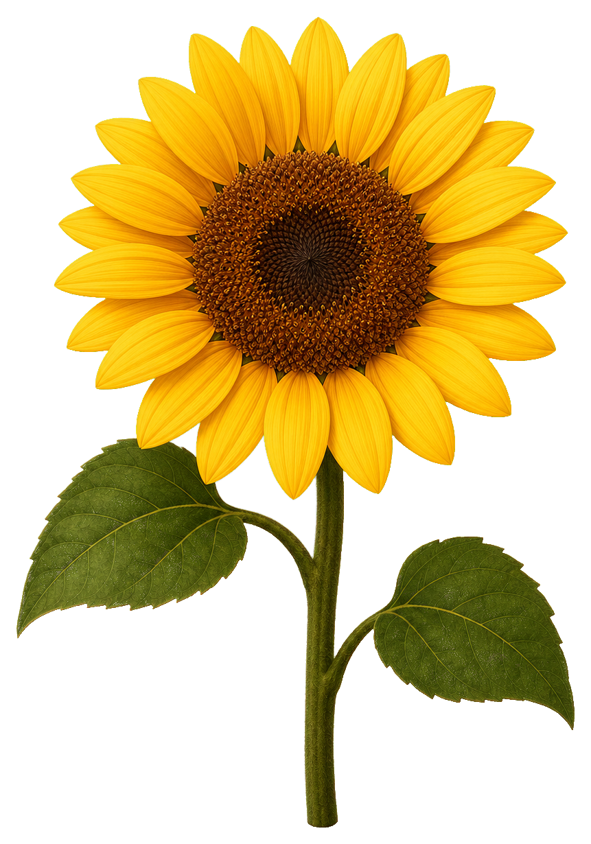 A bright yellow sunflower with green leaves on a stem.