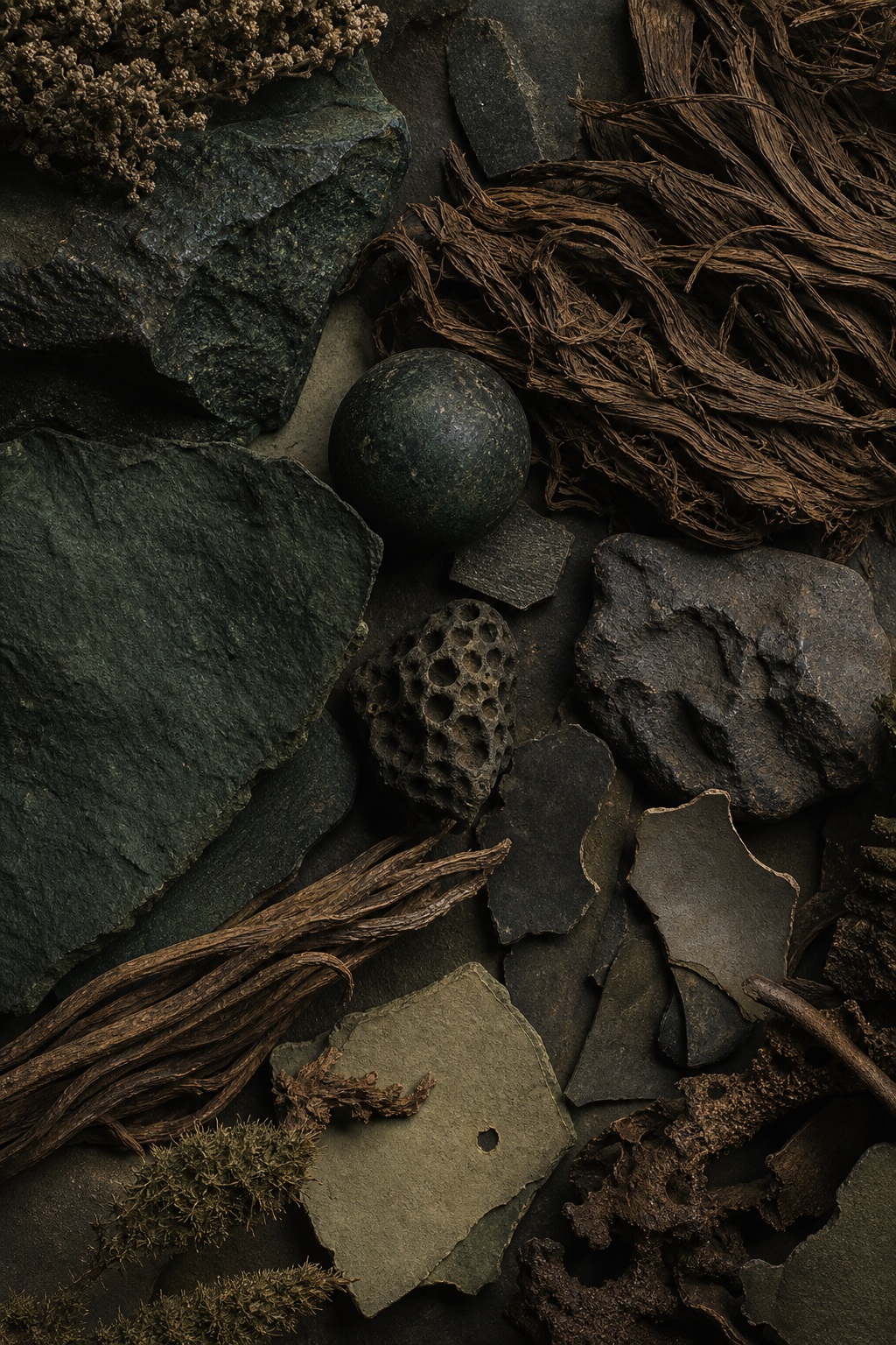 Dark still life composition with ceramic fragments, mineral textures, bark, and natural organic materials.