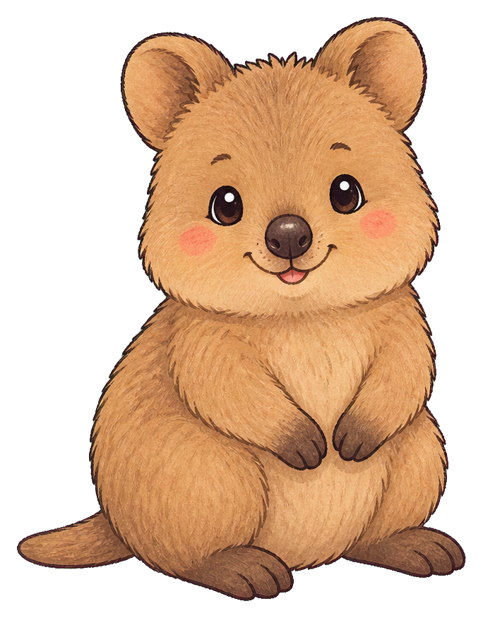 Smiling pastel quokka sitting with rounded ears, blush cheeks, and fluffy fur.