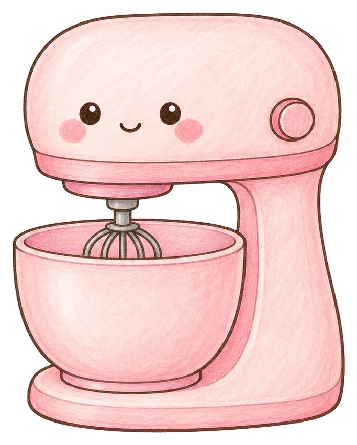 Cute pink stand mixer sticker with a bowl and smiling face