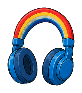 Blue headphones with a rainbow arch across the top.