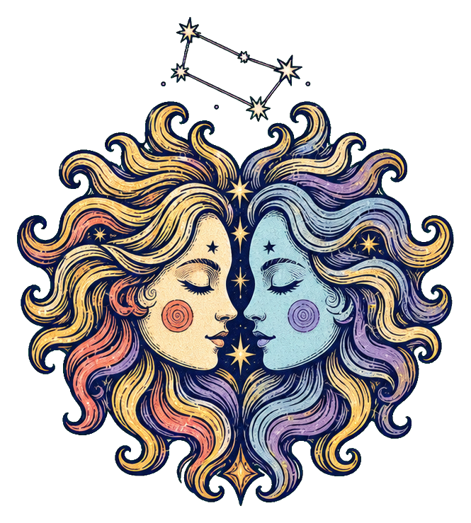 Illustrated Gemini twins faces with flowing hair beneath a constellation and stars.