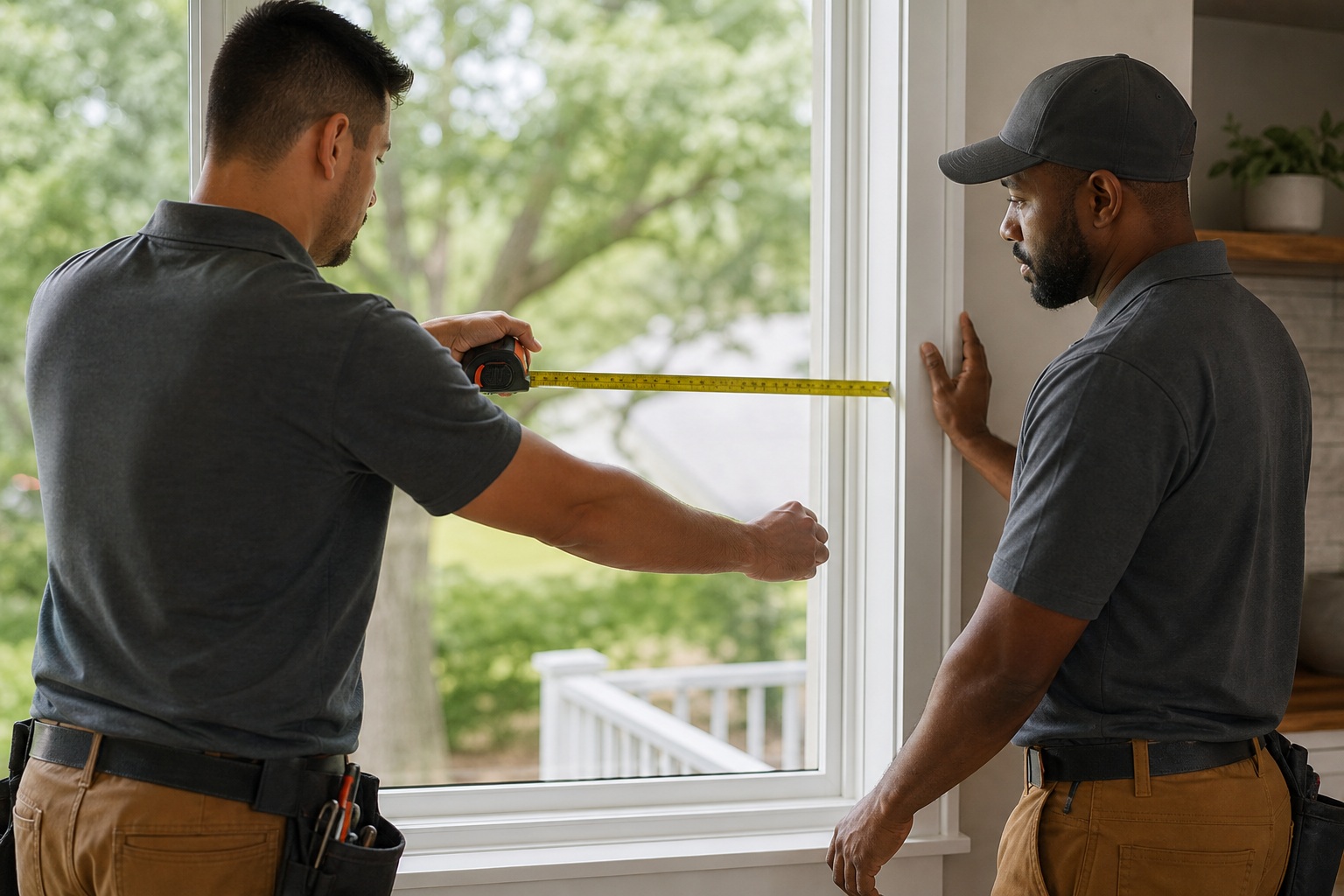 Two technicians measuring a window frame inside a home under renovation.