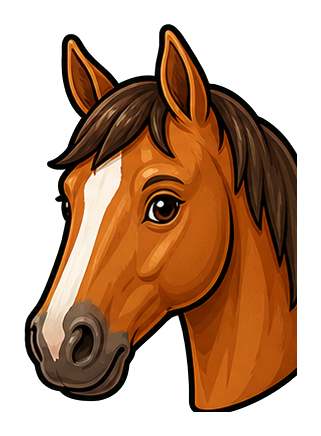Illustrated horse head facing forward with a brown mane and white blaze.