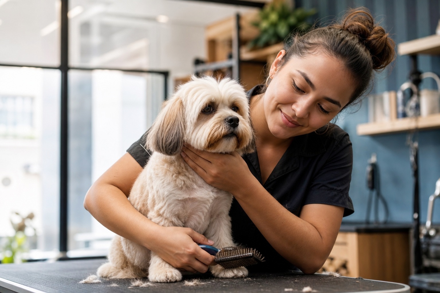 Woman gently grooming a small dog in a bright pet salon.