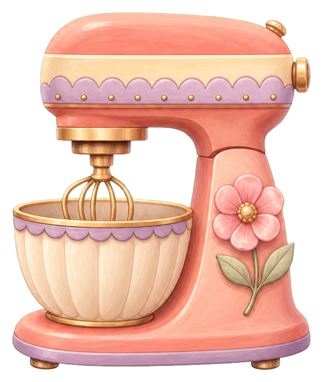 Pink kitchen mixer with a flower accent on the side