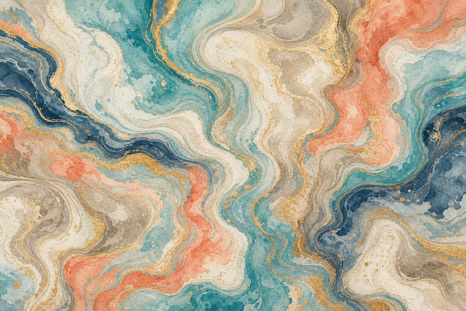 Abstract marbled background with teal, coral, cream, and gold swirls