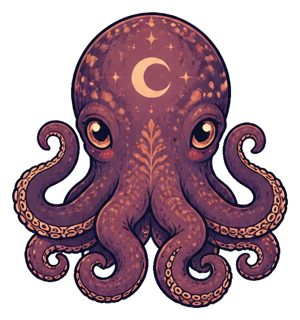 Cute purple alien with curled tentacles and a crescent moon on its head