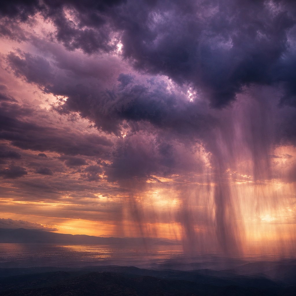 Purple storm clouds with curtains of rain over a glowing sunset sky.