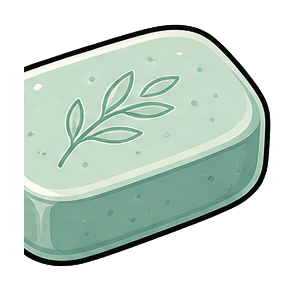 A pale green soap bar with a simple leaf design on top