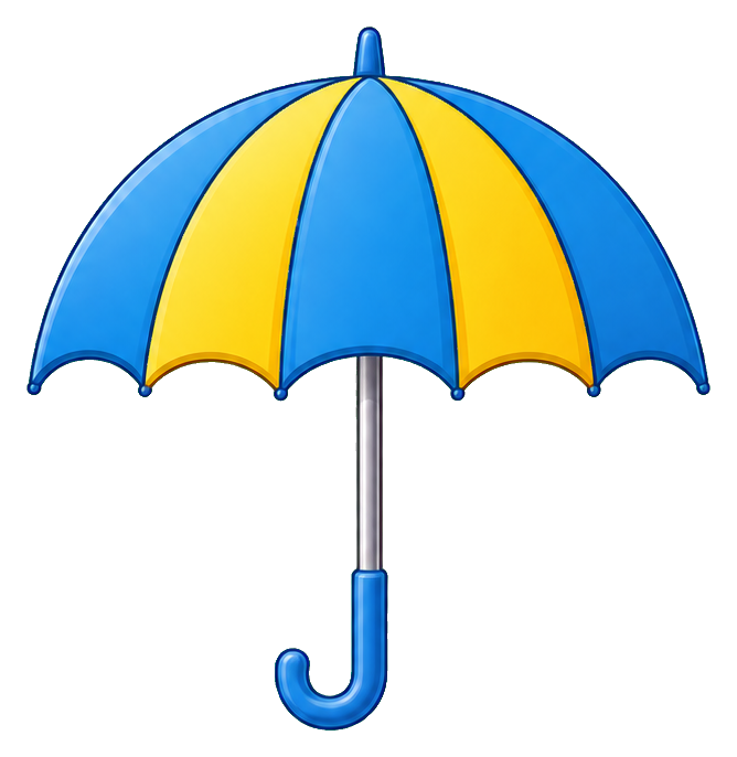 Blue, yellow, and white umbrella icon with a curved handle