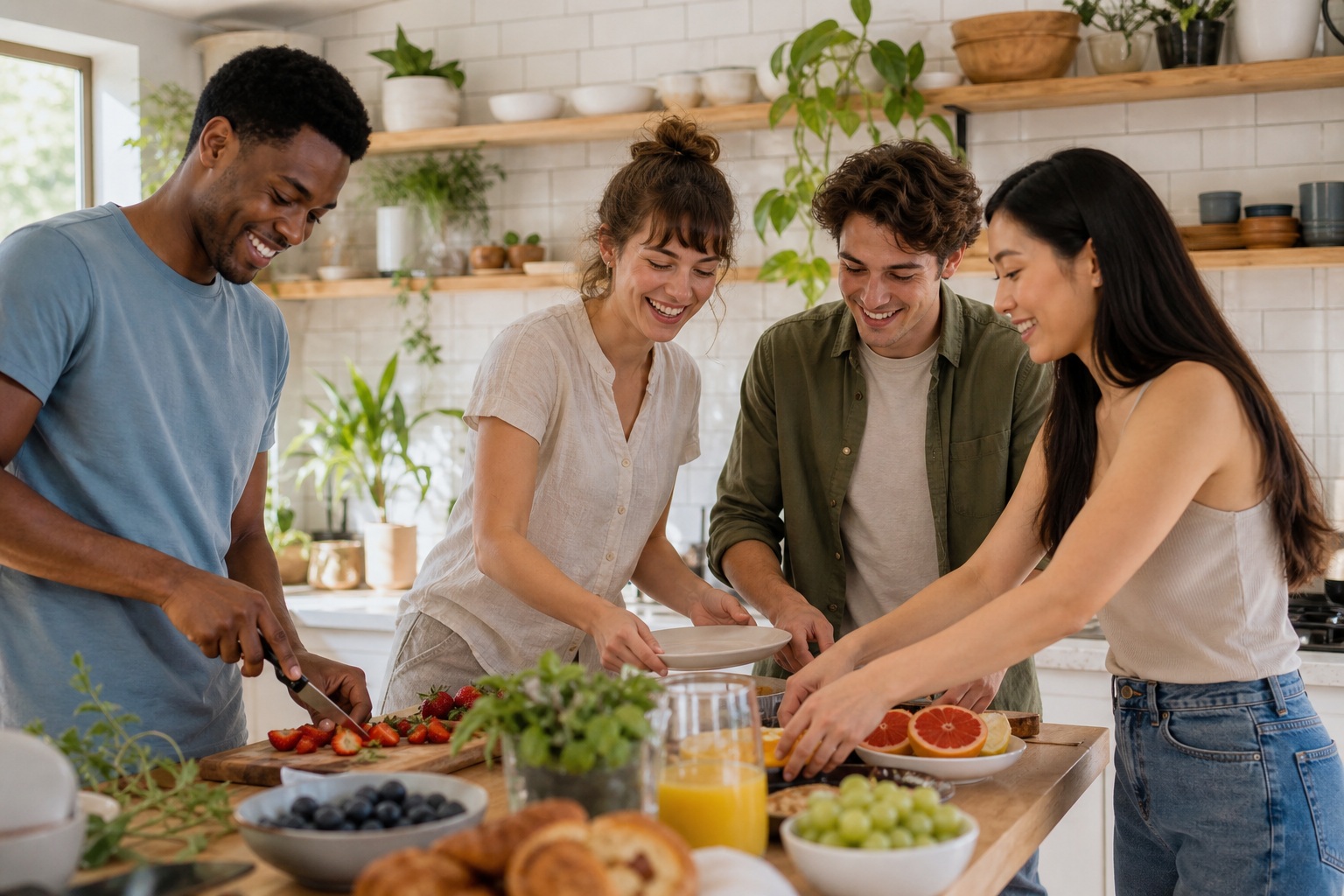Four friends preparing food together in a bright kitchen with fruits and vegetables on the counter.
